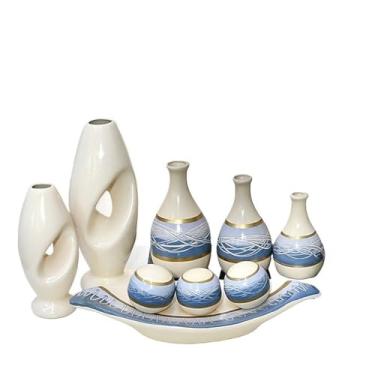 Imagem de Vasos Decorativos Para Sala,Enfeite 9 Vasos Peça Decorativo Kit Cerâmica Rack Sala Conjunto Completo Trio Casa Centro Mesa Dupla(OCEANO BEGE 9PÇS)