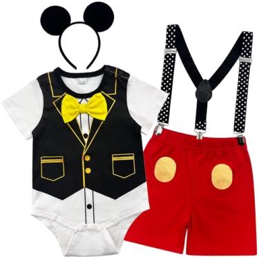 Imagem de Wosixima Fantasia infantil de rato, roupa de primeiro aniversário, conjunto de 4 peças com macacão, shorts, suspensórios e orelhas, 12 a 18 meses