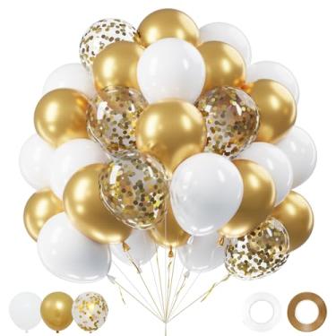 Imagem de Netnology Conjunto de balões dourados e brancos, 60 peças de 30,5 cm branco metálico dourado e confete dourado balão de látex para aniversário, chá de bebê, chá de panela, casamento, formatura