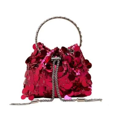 Imagem de Bolsa de ombro de corrente de lantejoulas para presente com alça redonda borla bolsa transversal mini balde brilhante bolsas femininas, Rosa vermelha