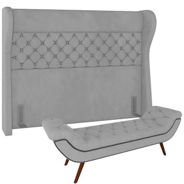 Imagem de Kit Cabeceira Cama Box Casal 195 cm Madrid com Puff Recamier Santorini P05 Veludo Cinza - Lyam Decor