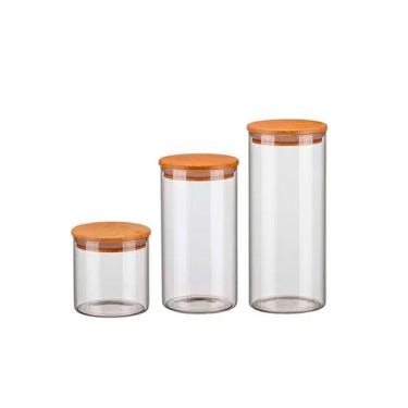 Imagem de Kit 3 Potes Vidro Porta Condimentos Tampa Madeira Bambu