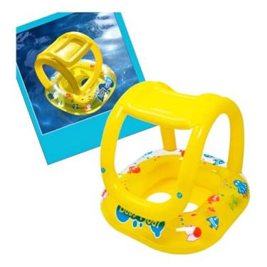 Imagem de Boia Bote Infantil com Cobertura Baby Assento Flutuante para Bebê Amarelo com Estampa Marinha Piscina Praia