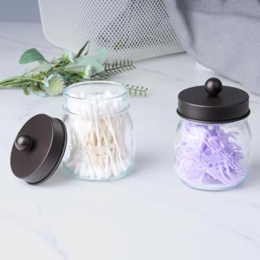 Imagem de Dispensador de suporte Qtip Mason Jar com tampa, frascos de boticário de vidro, recipientes de banheiro para cotonetes, bolas, almofadas, palhetas de fio dental, organizador de armazenamento de