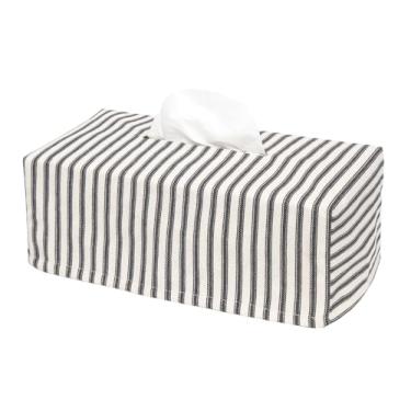 Imagem de Capa de caixa de lenços de tecido, capa de suporte de lenços, desliza sobre caixa de papelão retangular - decoração decorativa de banheiro preto e branco, listra de tique-taque, algodão, forrada