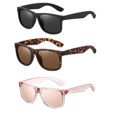 Imagem de (Pacote com 3) Óculos de sol masculinos polarizados para homens e mulheres, óculos de sol retrô para dirigir e pescar, Preto fosco + carapaça de tartaruga/marrom + rosa/rosa Sakura