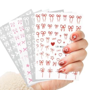 Imagem de 8 folhas de adesivos de unhas com laço fofo, adesivos de unha com fita em relevo 3D Y2K coração cruz estrela decalques adesivos de laço para design de unhas mulheres acessórios de decoração de unhas