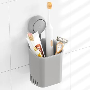 Imagem de Suporte de escova de dentes cinza com ventosa para parede de chuveiro - copo de armazenamento autodrenante para lâmina, pasta de dente e utensílios de cozinha - sem pregos/sem cola/instalação sem