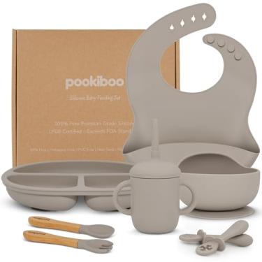 Imagem de Conjunto de alimentação de silicone para bebês - 100% puro LFGB de silicone premium - conjunto de alimentação de 8 peças: babador, copo de palha, placa de sucção e tigela, garfo e colher, colheres de