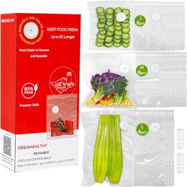 Imagem de 20 sacos de vedação a vácuo reutilizáveis para alimentos, compatíveis com a maioria dos seladores a vácuo portátil, sem BPA, sacos sous vide, válvula de ar resistente atualizada (8 pequenos, 8 médios