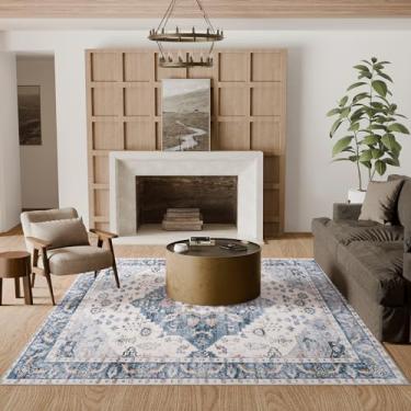 Imagem de Hargiis Tapete de área, tapete de sala de estar, antiderrapante, lavável, tapete para quarto, cozinha, entrada, banheiro, tapete de destaque de pilha baixa para sala de estar (aço azul, 1,5 x 2,1 m)