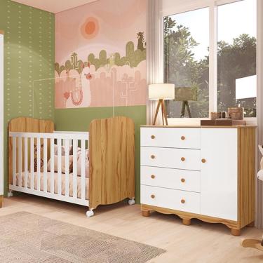 Imagem de Jogo De Quarto Infantil Júnior Cômoda 1 Porta E Berço Uli Branco Brilho/amêndoa - Móveis Peroba