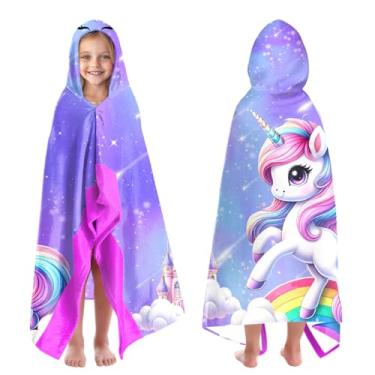 Imagem de CZZDERAM Toalhas de praia com capuz com estampa de unicórnio para crianças de 4 a 8 anos, toalhas de banho com capuz para crianças adolescentes 76 x 127 cm, toalha roxa de secagem rápida, perfeita