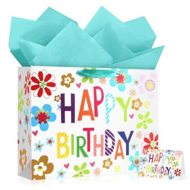 Imagem de YoungTree Saco grande de presente de feliz aniversário com papéis de seda e cartão comemorativo, sacos de presente de papel portátil com alças, sacos de presente para mulheres e meninas festa de