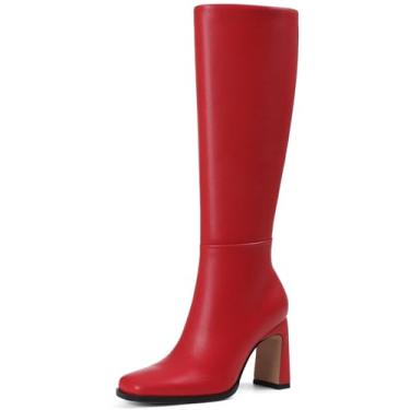 Imagem de Phefarer Botas de cano alto até o joelho para mulheres bico quadrado salto grosso botas altas outono inverno moda vestido botas longas, Vermelho, 39
