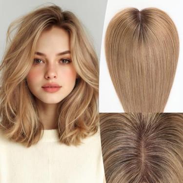 Imagem de EMMOR Topper de cabelo humano de 35,5 cm para mulheres - 12,7 cm × 15,2 cm base de renda suíça com 3 clipes antiderrapantes, 100% verdadeiros para cabelos finos e aparência natural (ombré marrom claro
