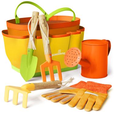 Imagem de Kinderific Gardening Set, Tool Kit, for Kids, STEM, Includes Tote Bag, Spade, Watering Can, Rake, Fork, Trowel and Gloves (Pale Yellow)