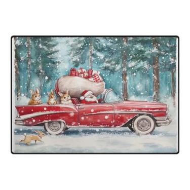 Imagem de Blueangle Tapetes de Natal laváveis de 12 x 16,7 cm para sala de estar - Tapete ultramacio antiderrapante resistente a manchas com estampa de carro vermelho vintage, decoração de férias para quarto e