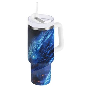 Imagem de xigua Copo vintage com estampa de dragão 1,134 g com tampa e canudo, aço inoxidável de vácuo duplo isolado garrafa de água esportiva suporte para copo de café de viagem à prova de vazamento para