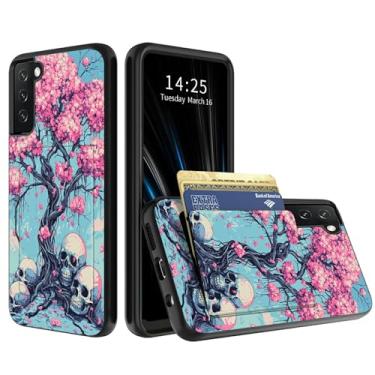 Imagem de BWEGRHE Capa carteira de caveira de flor de cerejeira para Samsung Galaxy S25 FE com porta-cartão oculto, compartimento rígido híbrido de camada dupla para cartão de identificação de borracha macia