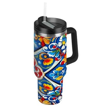 Imagem de Blueangle Copo de cerâmica mexicano de 1,134 g com alça e tampa de palha, caneca de viagem de aço inoxidável isolada a vácuo de parede dupla, garrafa de água reutilizável para academia de escritório