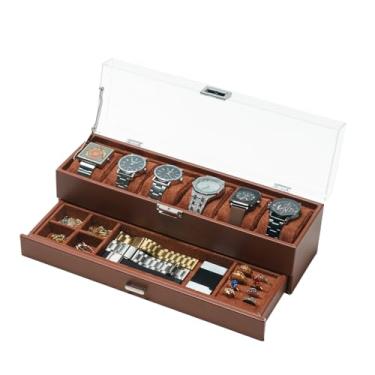 Imagem de XHMQYC Caixa organizadora de joias de relógio para homens, caixa de armazenamento de óculos de sol de couro marrom com 6 compartimentos, 2 camadas, com trava de gaveta e tampa de vidro