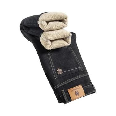 Imagem de Calças Jeans Masculinas De Inverno Grossas Com Cintura Alta E Forro De