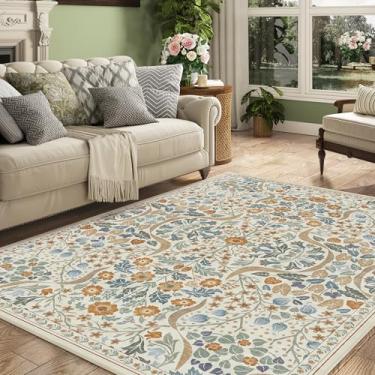 Imagem de ARKIIKI Tapete floral lavável 12 x 18 cm para sala de estar, tapete boho vintage macio antiderrapante, floresta botânica, bege, tapete baixo para quarto, sala de jantar, escritório em casa, dormitório