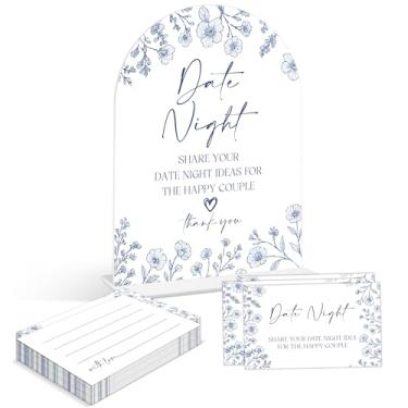 Imagem de Jogos de chá de panela - Something Blue Before I Do Date Night Ideas, 1 placa e 50 cartões noturnos, decoração de chá de panela, suprimentos de decoração de casamento florais azuis (DZC04)