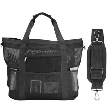 Imagem de wanchel Bolsa feminina de praia de malha – Plus à prova d'água à prova de areia com 8 bolsos e 1 bolso interno com zíper