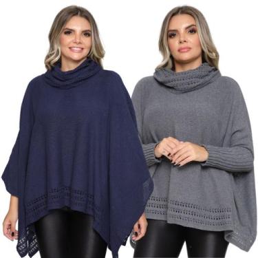 Imagem de Kit 2 Poncho Feminino Tricot Mousse Liso Gola Alta Casaco Lã - EXPOSIÇ