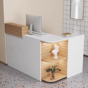 Imagem de Mesa de recepção, balcão frontal em forma de L com grande armazenamento - ideal para salão, sala de recepção e escritório - balcão de caixa para atendimento ao cliente eficiente - acabamento natural