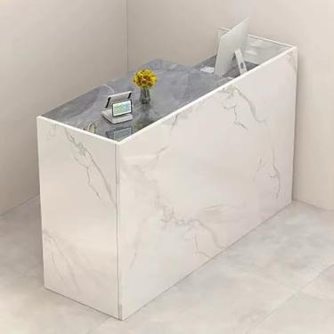 Imagem de Mesa de recepção moderna com gaveta com trava e armário de armazenamento, mesa de balcão frontal branca para loja de roupas, salão, saguão - 130 x 50 x 100 cm