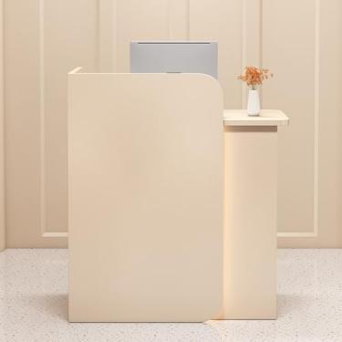 Imagem de Mesa de recepção moderna, balcão de caixa de varejo, mesa de recepção com luzes LED, balcão frontal com gaveta com trava, para supermercado, loja de conveniência, hotel, lobby e escritório (amêndoa)