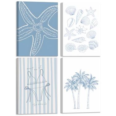 Imagem de Arte de parede em tela para neta costeira, 4 peças, azul, estrela-do-mar, palmeira, concha, fotos de biquíni, decoração de parede, arte de pôster de estética preppy para quarto feminino, banheiro