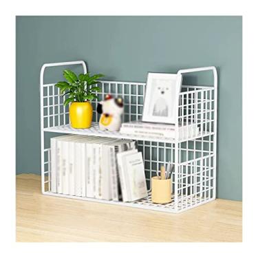 Imagem de Organizador de mesa branco de 2 camadas com design de malha de metal para escritório, prateleira de exibição de mesa, organizador de canto e armazenamento para dormitório, casa, suporte de impressora