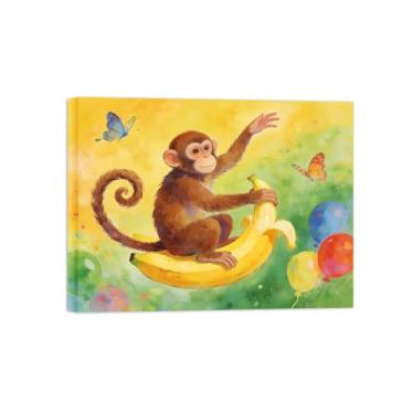 Imagem de Impressão em tela de arte de parede animal - macaco e banana - pintura de decoração moderna - imagens para casa pronta para pendurar tela embrulhada 60 x 80 cm 24 x 31 polegadas