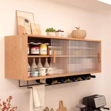 Imagem de Armário de medicamentos de madeira de borracha com porta de vidro - porta deslizante para armazenamento de parede de banheiro, prateleiras ajustáveis, suporte de exibição flutuante, organizador de