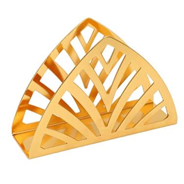 Imagem de Porta-guardanapos dourado banhado à mão vazado forma triangular tipo vertical suporte de guardanapo de aço inoxidável com fundo antiderrapante para decoração de mesa de cozinha