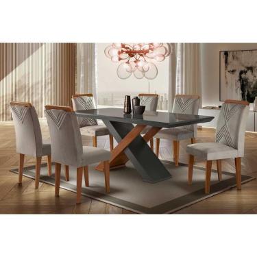 Imagem de Sala De Jantar Completa Imperatriz Tampo Madeirado C- Vidro Reto 180x90 E 6 Cadeiras Amsterdã Imbuia-grafite - Suede Creme - Rufato