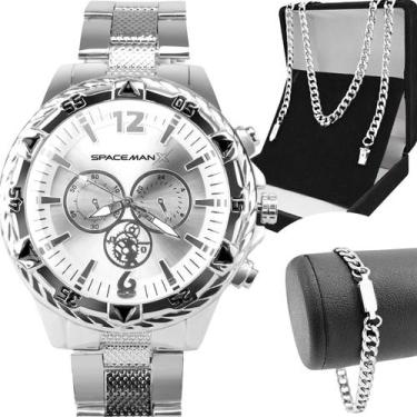 Imagem de Relogio Prata Masculino Aco Inox + Pulseira presente inoxidavel robust