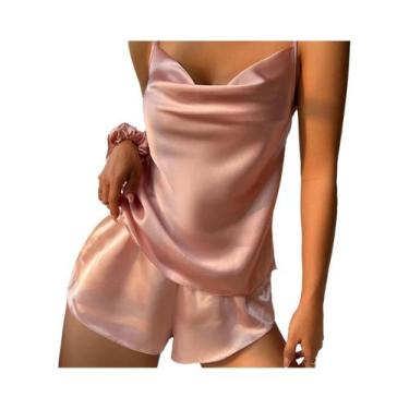 Imagem de Conjunto De Pijama Feminino Em Cetim Liso Com Top Cami Decote V E Shor