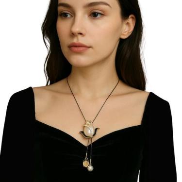 Imagem de Colar Longo Flor Pérola Dourado Festa Elegante Feminino Luxo - - anjo 