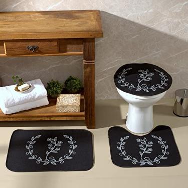 Imagem de Tapete Jogo De Banheiro Preto Antiderrapante Kit 3 Peças Ramos Cinza