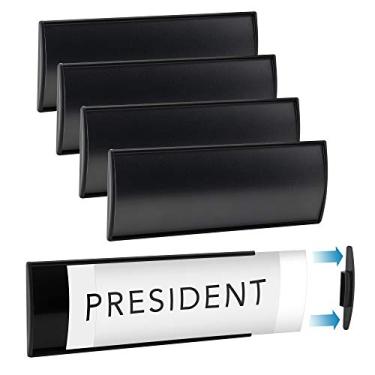 Imagem de Conjunto de 6 – Suporte de placa de nome de alumínio preto resistente e elegante, suporte curvo para porta de escritório com fita adesiva, 20 x 7,6 cm - filme plástico incluído, inserções de papel não