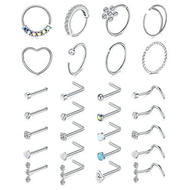 Imagem de Mayhoop Anéis de nariz de 20 g para mulheres e homens - Hipoalergênico 316L aço inoxidável cirúrgico em forma de L parafuso de nariz osso prata ouro rosa preto arco-íris pacote 28 peças, Metal