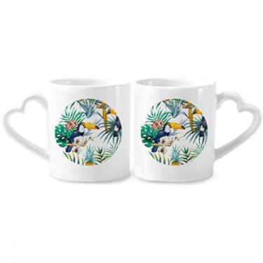 Imagem de Conjunto de canecas de porcelana para casal, arbusto tucano em aquarela, abacaxi, papagaio, copo, coração, coração