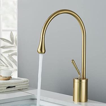 Imagem de Torneira de banheiro de ouro escovado torneira de alavanca única bico de latão misturador quente frio torneira de pia de água para cozinha, ouro escovado médio