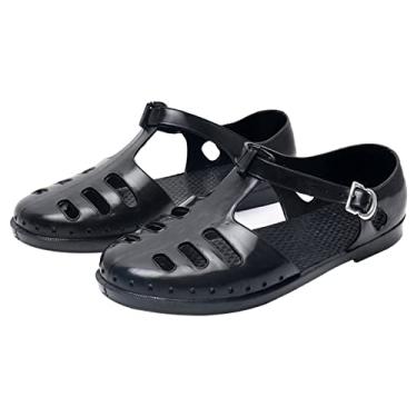 Imagem de Sandálias de couro de bico fechado para homens tamanho 14 Sandálias masculinas Baotou moda sandálias masculinas retrô de plástico antigo sapatos respiráveis sandálias com fivela (preto, 43)