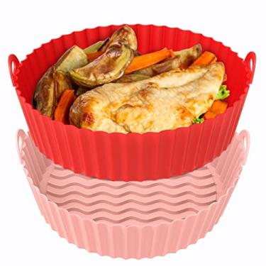 Imagem de OUTXE Pacote com 2 fritadeiras a ar de 21,5 cm, forro de silicone, cesta de fritadeira a ar, resistente ao calor, panela de silicone reutilizável para fritadeiras redondas para 5 litros - Acessórios para forno de fritadeira a ar (vermelho + rosa)